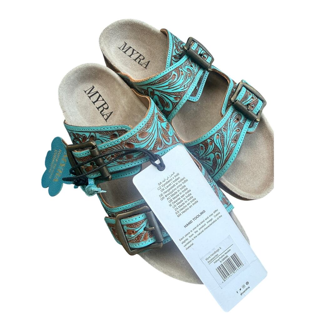 MYRA Hand Tooled Leather Sandals Size 9